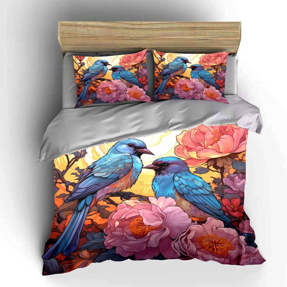 Floral Birds Art Decor Set Bedding Set with 1 Duvet Cover 2 Pillowcases Single Double King Queen, Gift