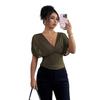 Women Solid Deep V Neck Short Sleeve Cinched Waist Sexy Casual Fitted Top