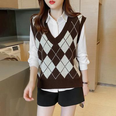 Colete Tricotado Feminino com Padrão Xadrez Diamante Solto Decote V Regata Pulôver Sem Mangas Casual Escola Top Suéter