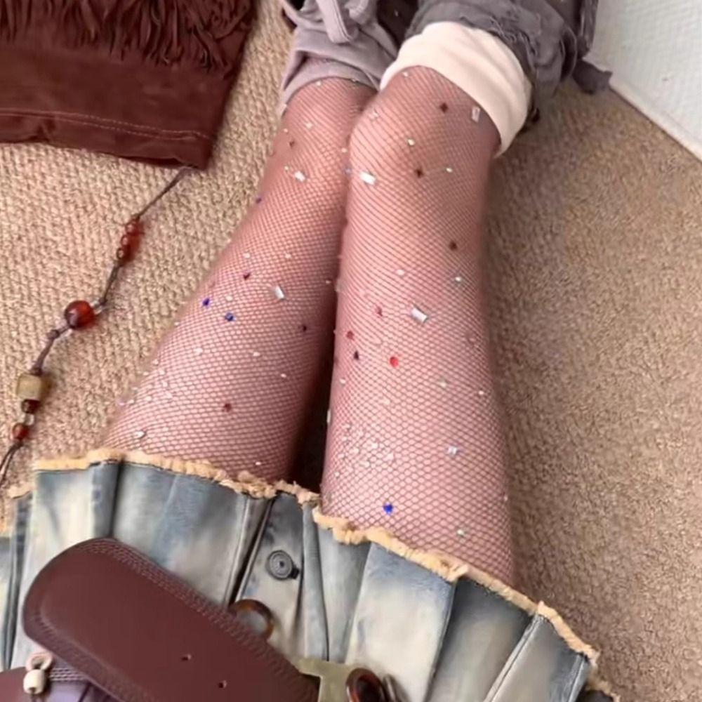Irregular Rhinestones Colorful Fishnet Stockings Y2k Footed Stockings  Forr Girl Women