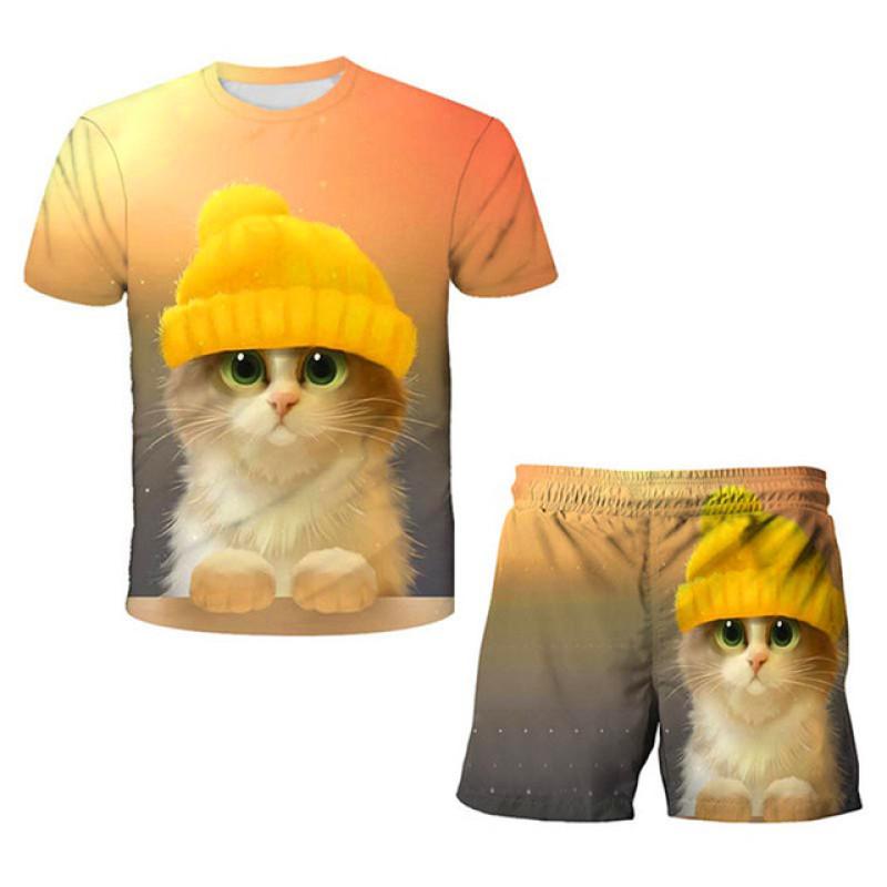 Summer Baby Kids Cat Sets Short Sleeves Printed T Shirts and Short Pants 2pcs Boys and Girls Lovely Clothing Outfits 1-14 Years