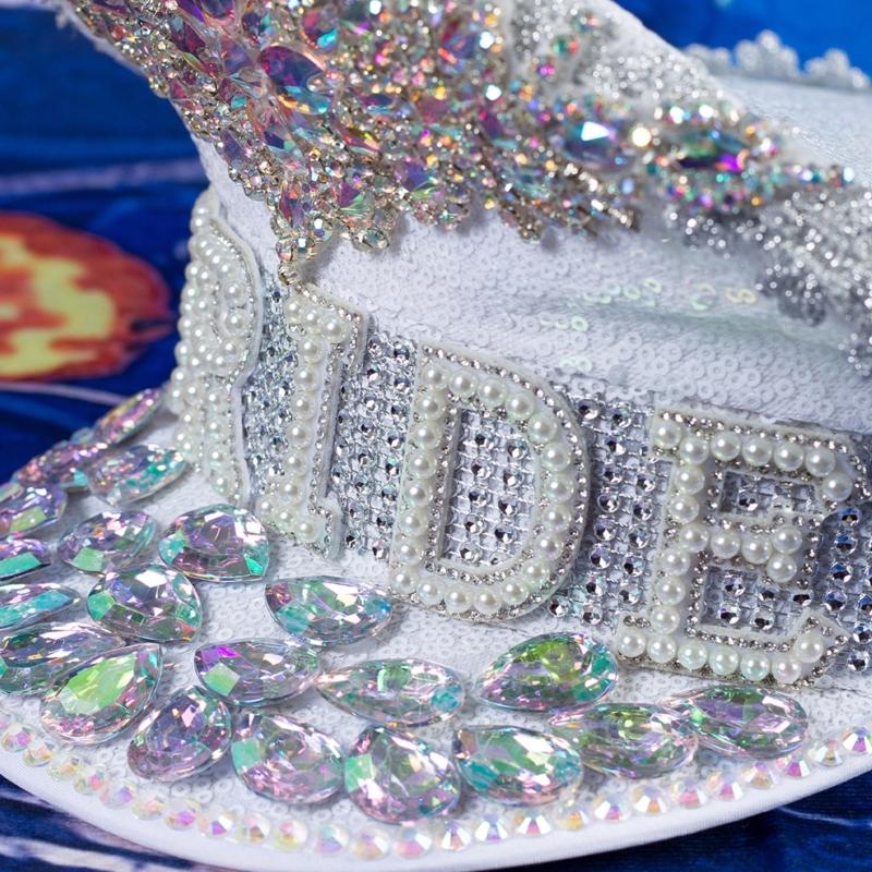 BRIDE Wedding Hat with Colorful Rhinestone Decor Stage Show Hat Military Hat Stage Performances Hat for Masquerade Party