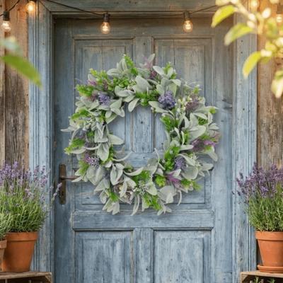 Flocked Lambs Ear Lavender Wreath Realistic Vivid Colors Spring Door Wreath Faux Flowers Handmade Simulation Greenery