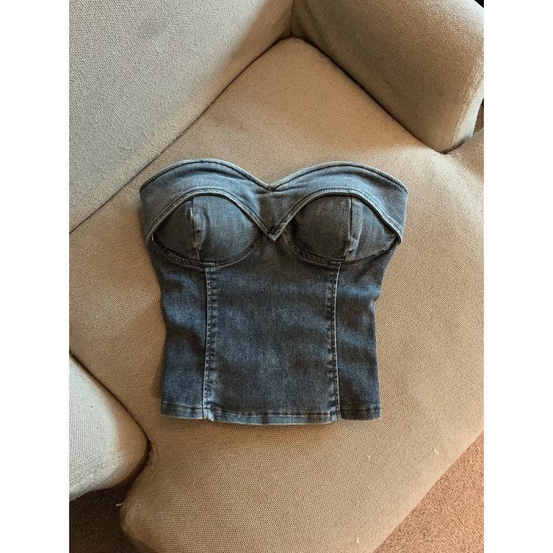 Spicy Girl Retro Denim Bandeau: Summer 2025 Sweet & Cool One-Shoulder Crop Top