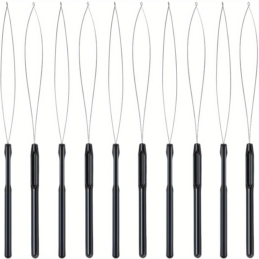 10pcs/pack New Style Hair Extension Loop Needle Threader Pulling Hook Tool and Bead Device Tool Black Loop Threader for Hair
