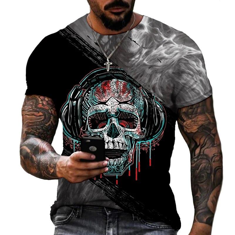 

Весенне-летняя новая футболка с короткими рукавами и юмористическим музыкальным черепом с 3D-принтом Street Trend Oversized