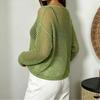 Maglia Lavorata a Maglia da Donna Estiva Svuotata Larga a Maniche Lunghe T-shirt