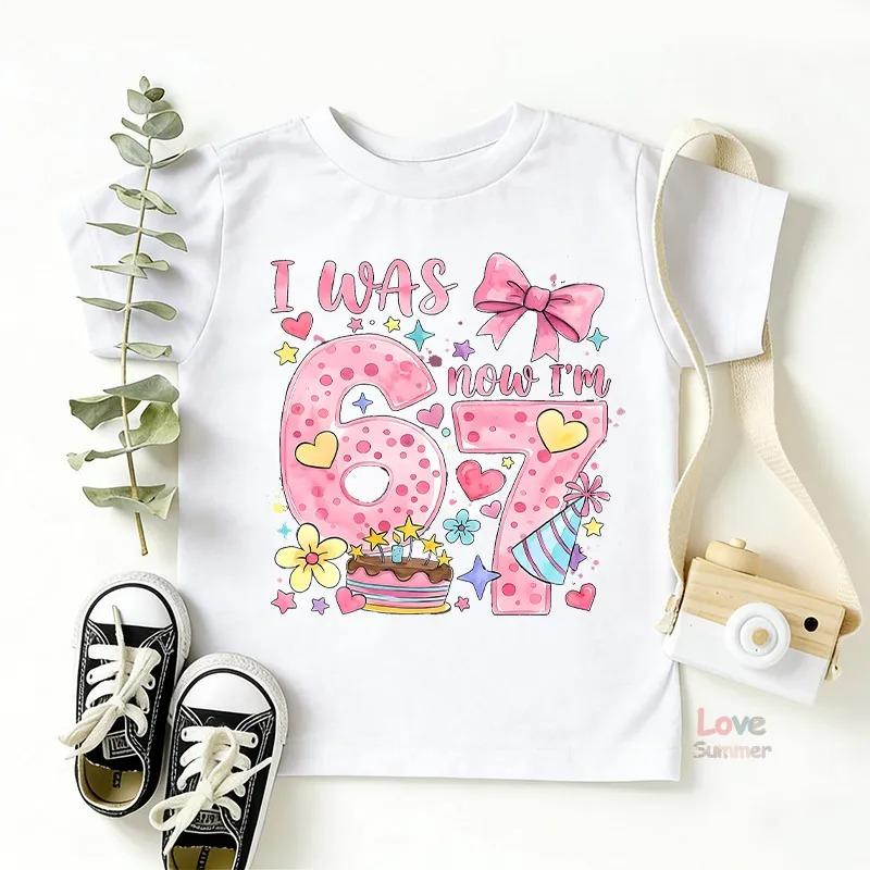 Bow I Was 6 Now I’m 7 Birthday T Shirts 67number Birthday Girl T-Shirt Kids Birthday Party Girl Tees Italian Brainrot Funny Gift