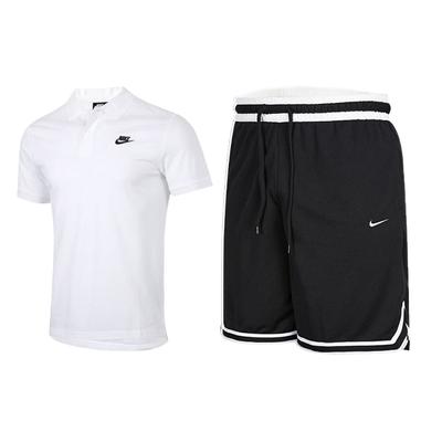 Einfarbiges Logo-Print Trainings-Kurzarm-Poloshirt Colorblock Freizeit-Shorts Set Herren Sets Weiß Schwarz CJ4457-100+DH7161-010