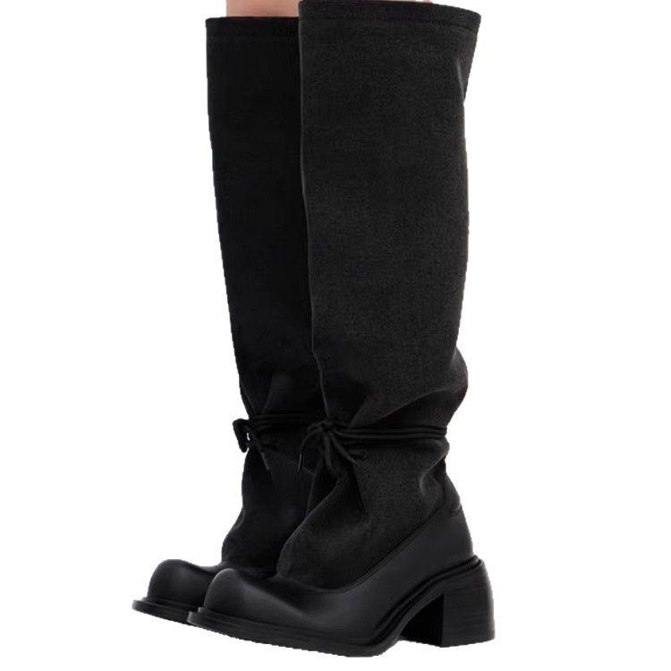 2025 autumn and winter new thick heel high heel boots straps thin big tube circumference black boots long tube knight fashion boots