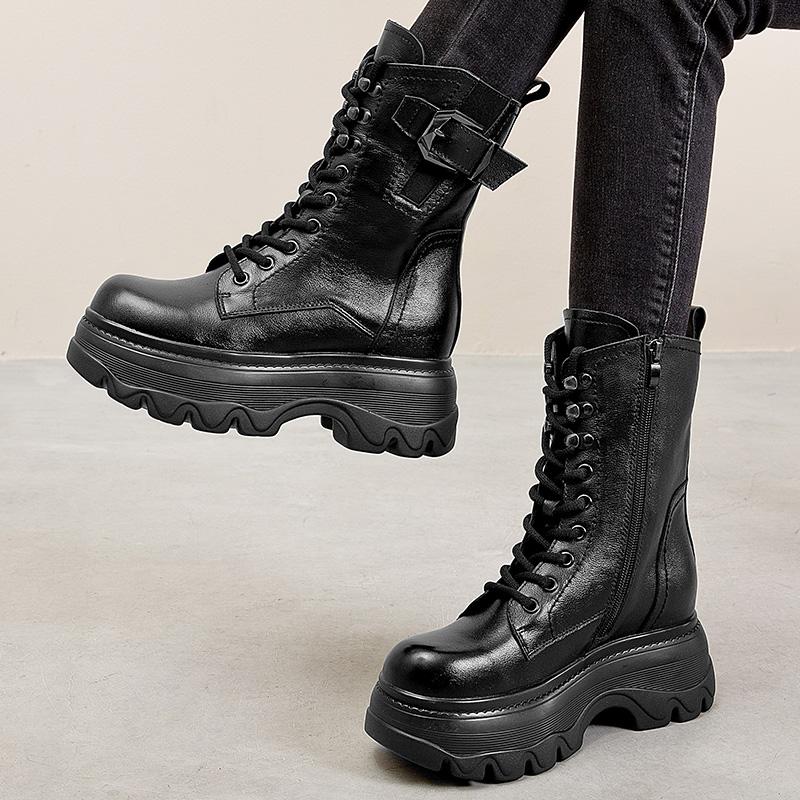 Fashion GKTINOO Retro Style Women High Heel Genuine Leather Mid-Calf Boots 2025 Autumn Winter Warm Platform Booties Zip Zapatos Mujer