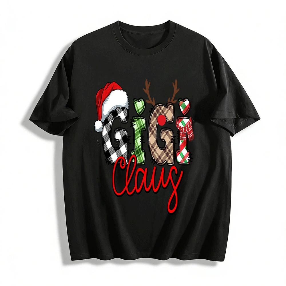 Christmas Themed Gigi Claus Plaid Print Casual Top Pure cotton T-shirt XXS