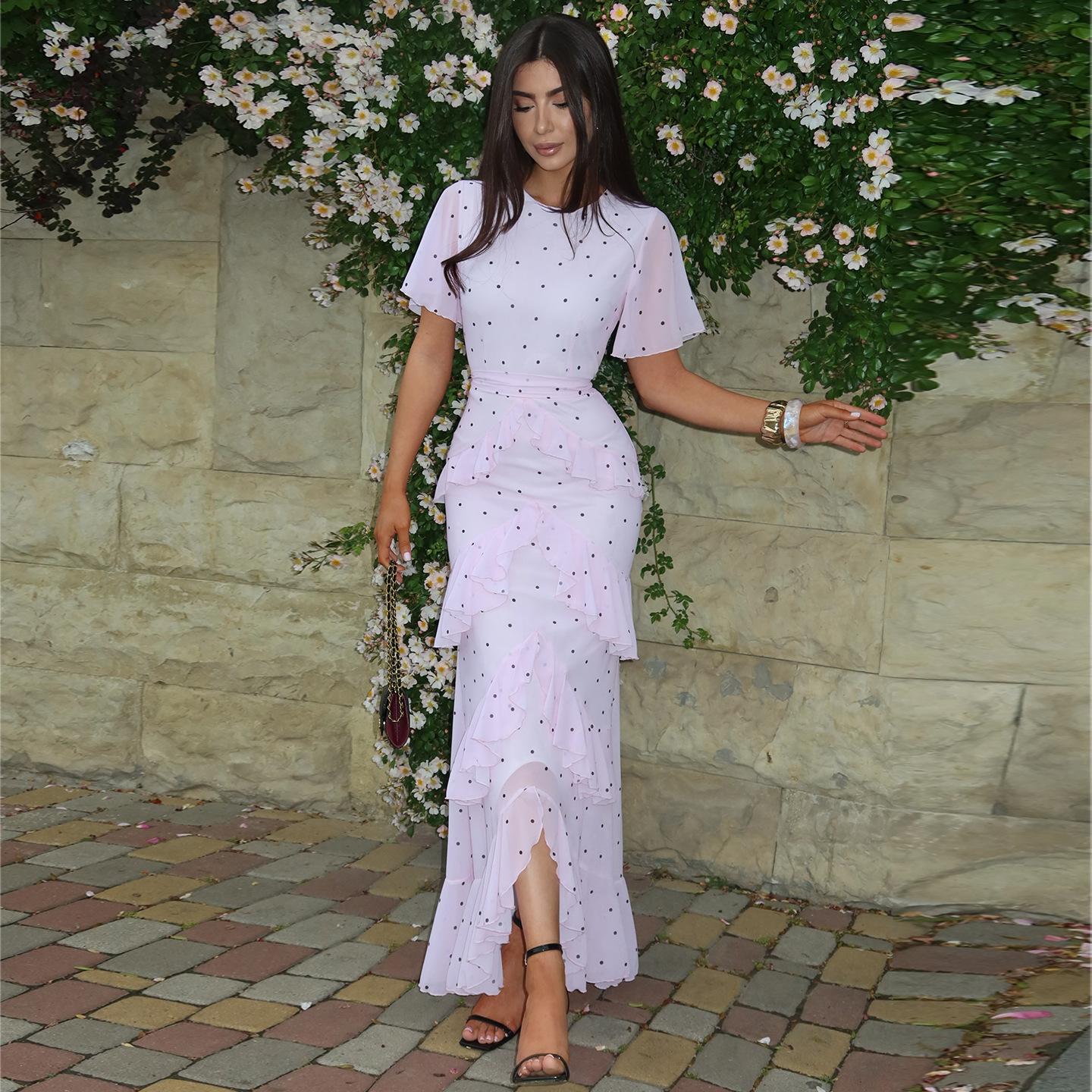 European and American women s clothing 2026 summer new French socialite style polka dot high waist irregular ruffle edge dress S