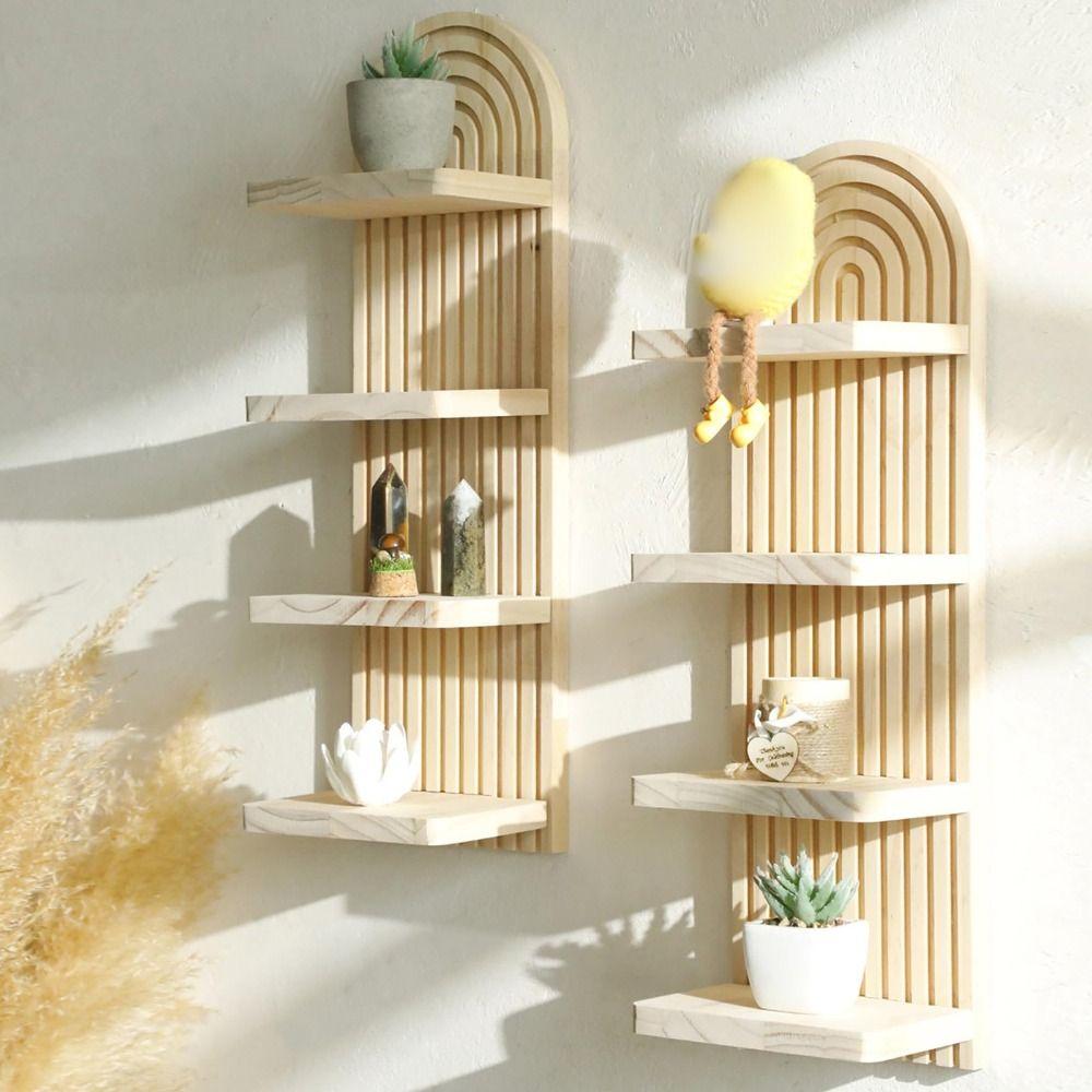 Minimalist Wooden Wall Shelves 4-Tier Design Boho Style Rack Wall Mounted Shelf  Wall Decoration