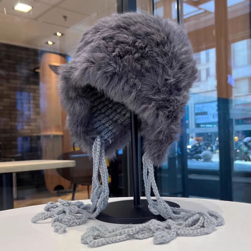 Rabbit-fur Knit Autumn Winter Cold-Weather Beanie with Fringe Earflaps New Style Thickened Woolen Hat for Warmth Woolen Beanie