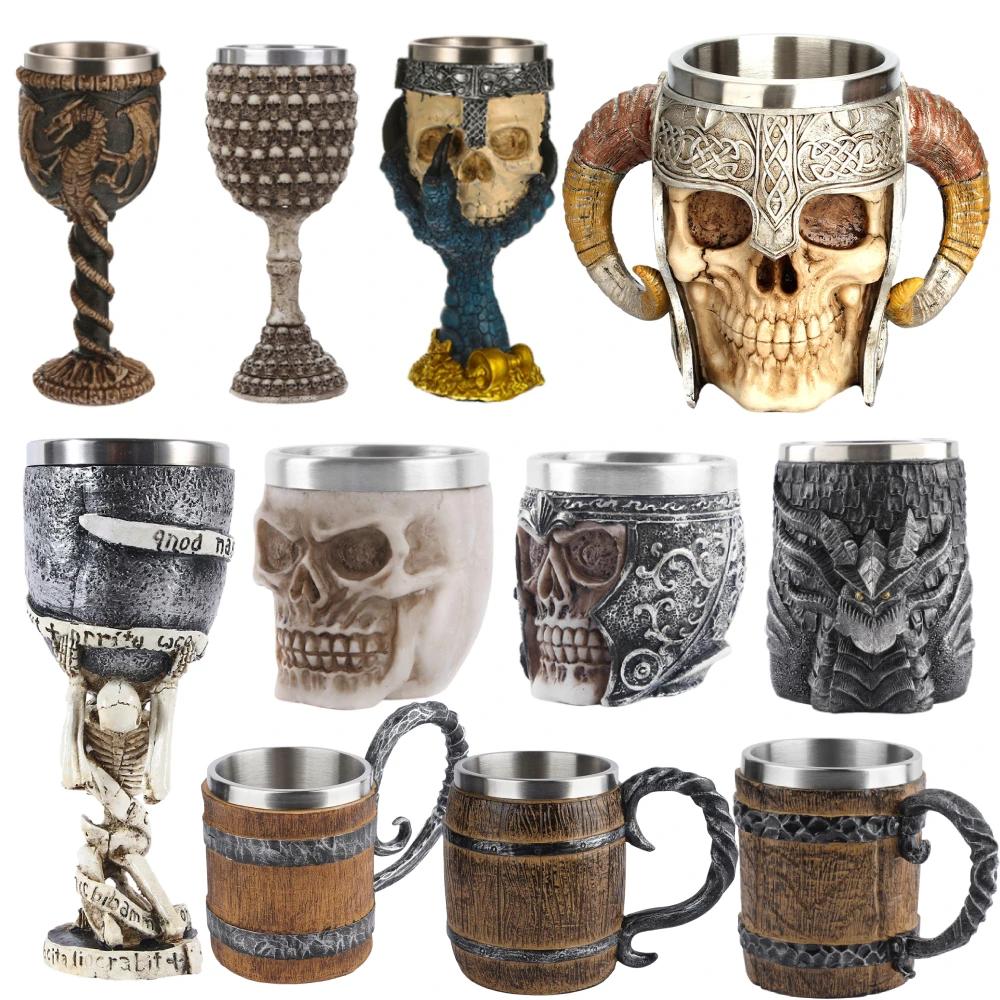 Edelstahl Totenkopf Tasse Bier Kaffee Tasse Wikinger Trinkbecher Skelett Harz Bier Tasse Halloween Geschenk Dekoration Ornament