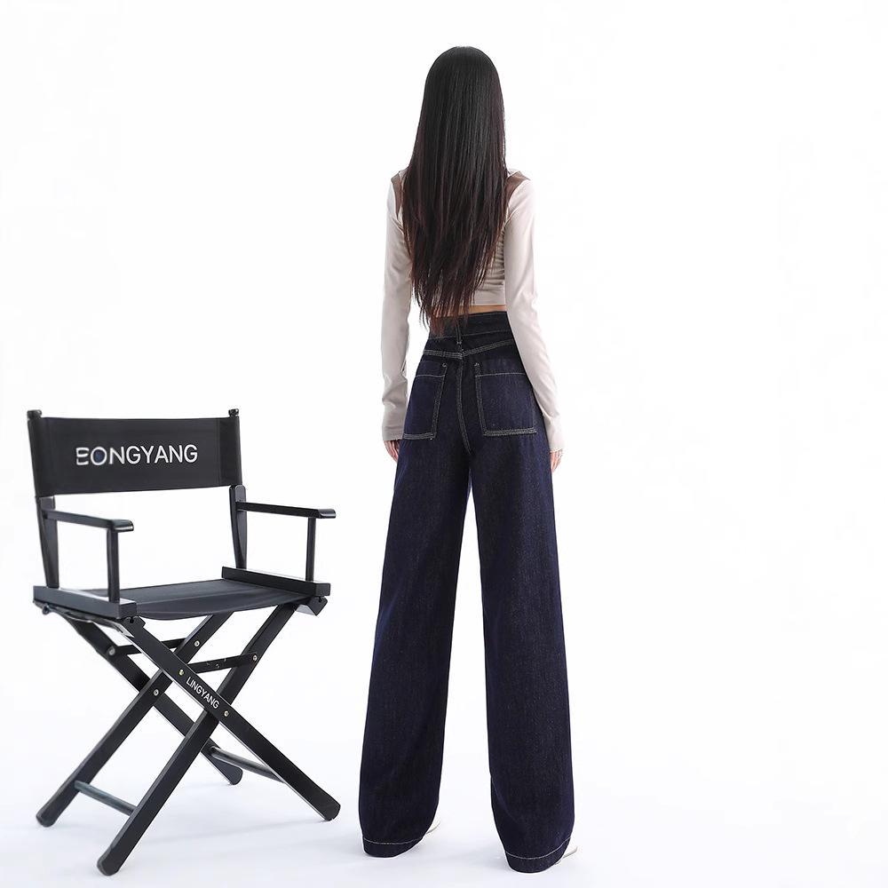 Women's High-Waisted Dark Blue Wide-Leg Jeans - Autumn 2024 Slimming Loose Drape Straight-Leg Pants