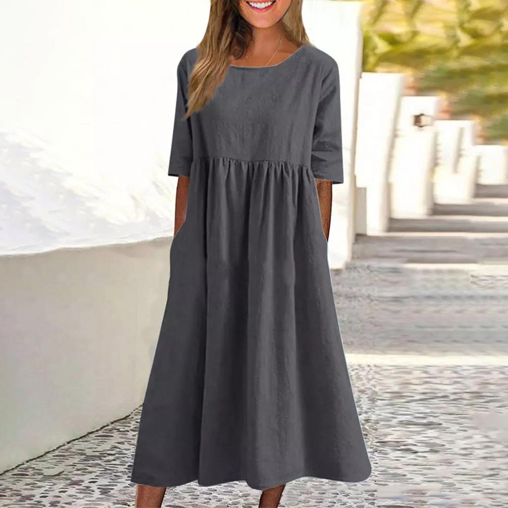 Damen Sommer Farbe Rundhals Halbarm Langes Farbe Kleid Lässig