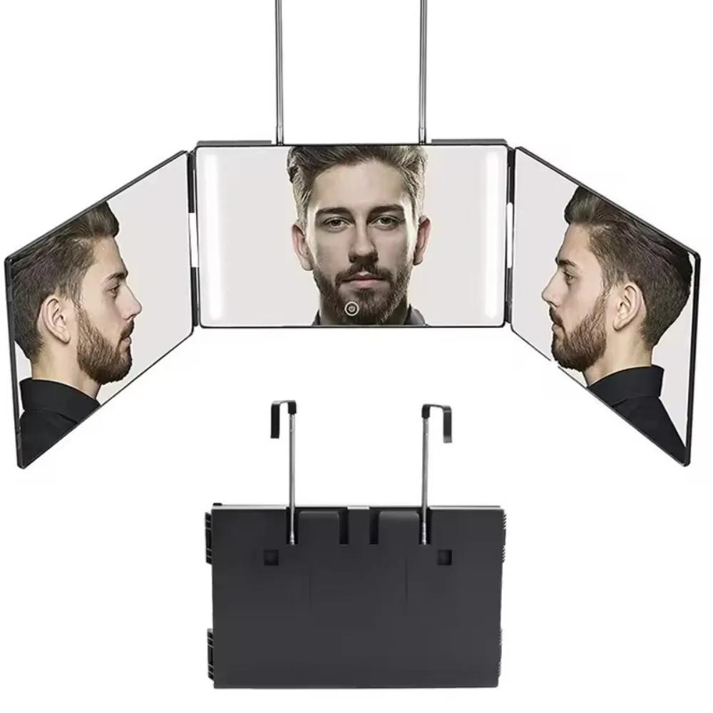 LED-spegel Vikbar Spegel för Självklippning Med Ljus Justerbar Höjd 3-vägs Spegel för Självklippning HD-glas 3-vägs Spegel LED-lampor