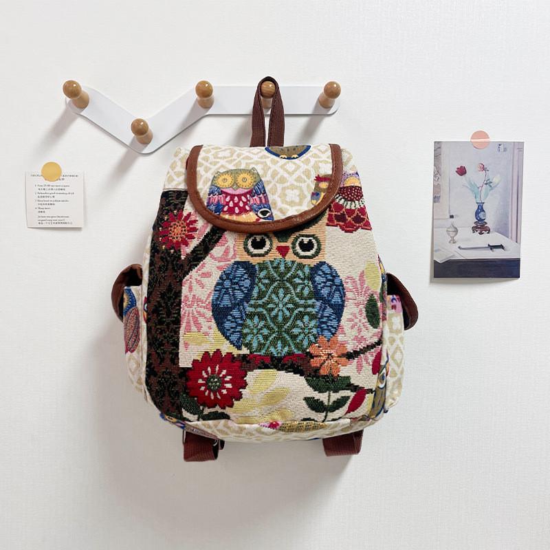 Owl Canvas Backpack With Drawstring Closure For Casual Daily Use