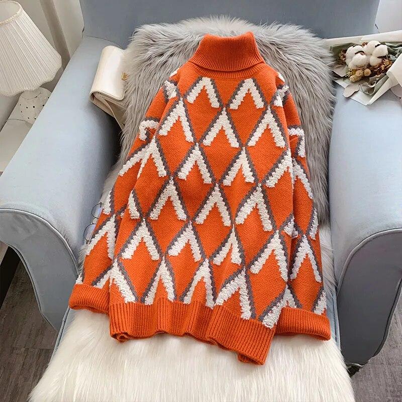 Módní Dámský Rolák Korejský Módní Zimní Pulovr Oversized Dlouhý rukáv Pletené svetry Lady Argyle