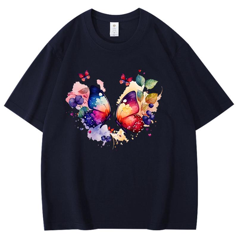 

Two Colorful Butterflies Pattern Unisex Women Cotton TShirt Simple Unisex Tee Loose Large Size Top Couple Shirt Street Clothing 4XL