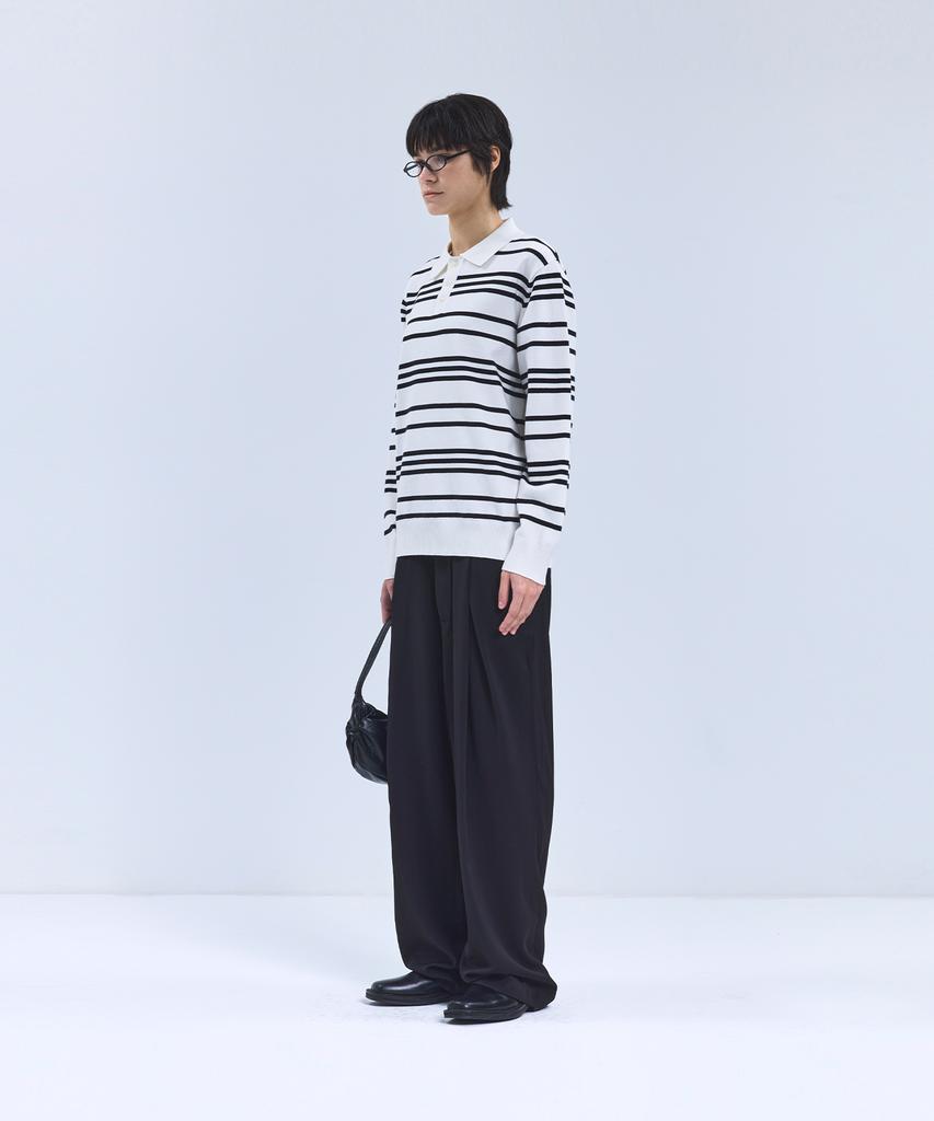 IRONYPORNO WHITELINE 86-Iroj358 Collared Neck Small Striped Long Sleeve Knit White