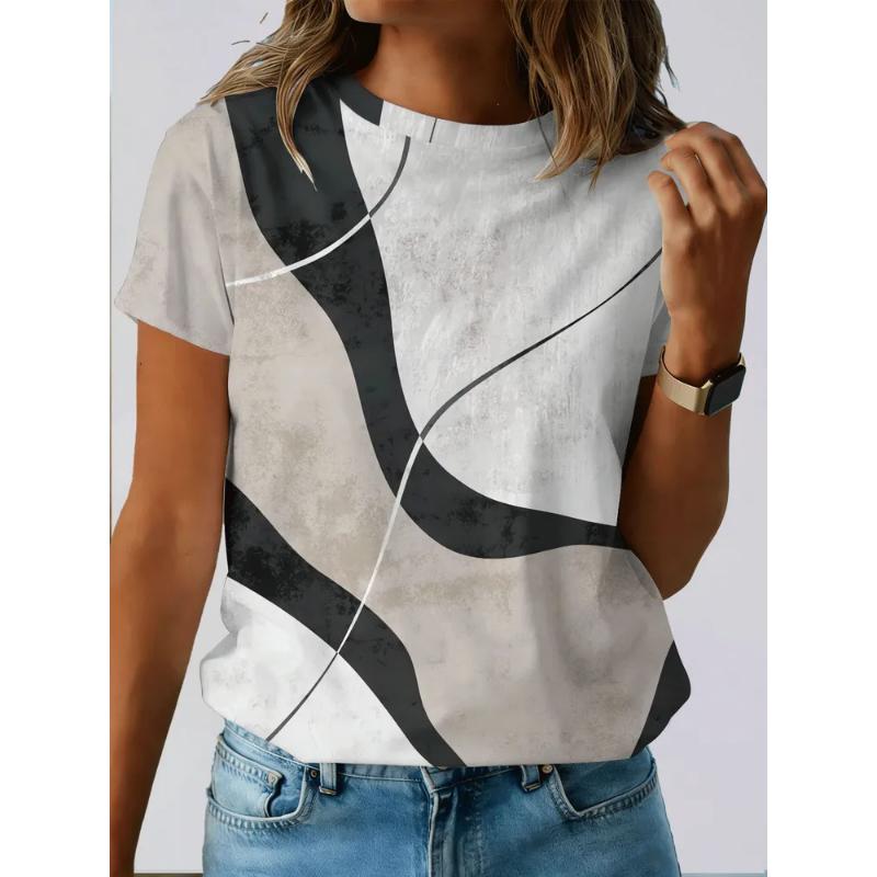 Fashion Women's Crew Neck Short Sleeve 3D Color Printing Striped Short Sleeve Crew Neck T-Shirt