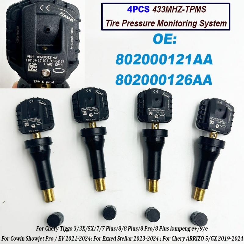 4PCS/Lot TPMS 433MHZ Tire Pressure Sensor 802000121AA For Chery Tiggo 2 3 3X 4 5 5X 7 8 Tyre Pressure Monitoring System Sensors
