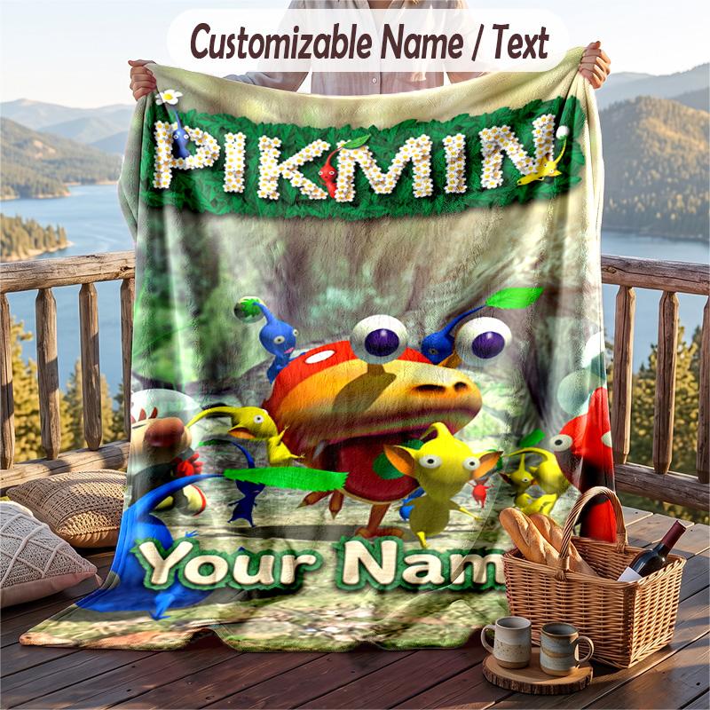 Custom Text Flannel Throw Blanket, Lightweight Cozy Bed Sofa BlanketPikmin