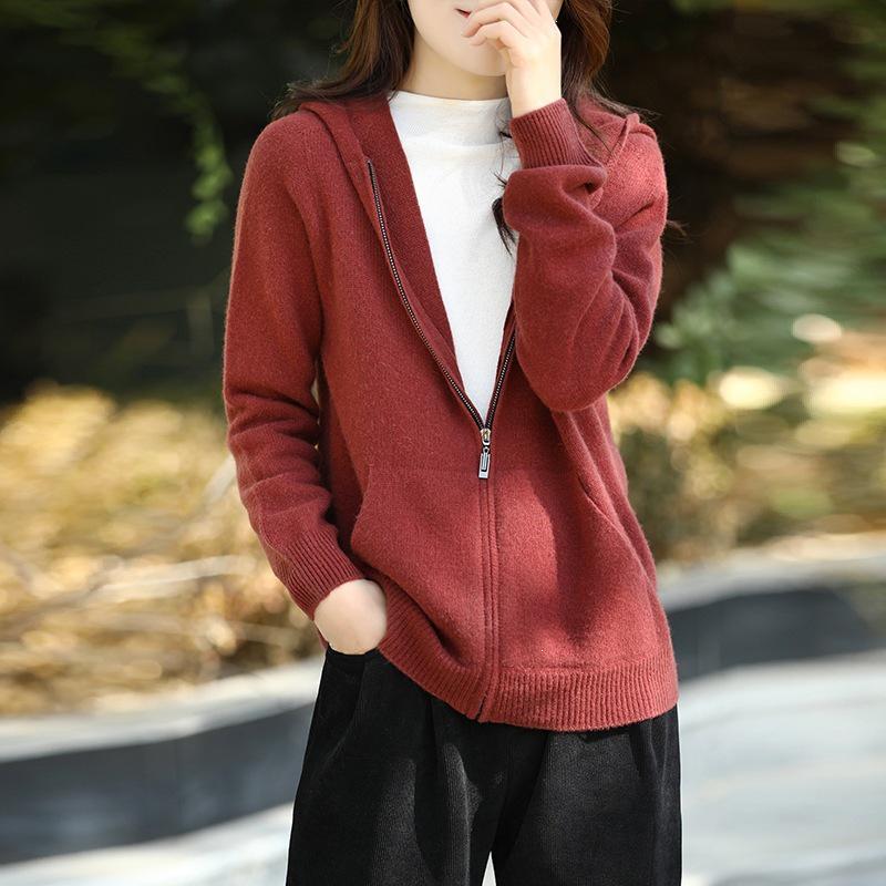 Korean Style 2026 Autumn/Winter Zipper Pocket Knit Hooded Jacket - Casual Loose Long Sleeve Outerwear