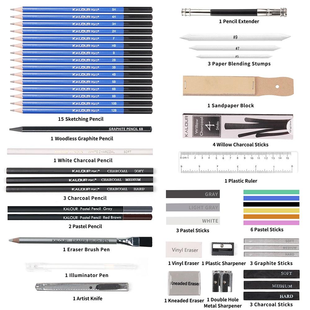 KALOUR New Product Hot Sale New 58pcs Sketching and Charcoal Pencil Sketch Set with Sketch Pad and Tutorial