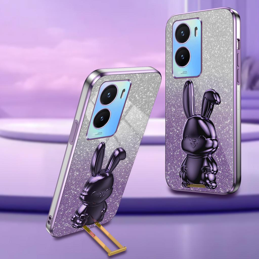 For vivo Y35 5G Pull-Out Kickstand Phone Protective Case Cartoon Rabbit Decor Cover