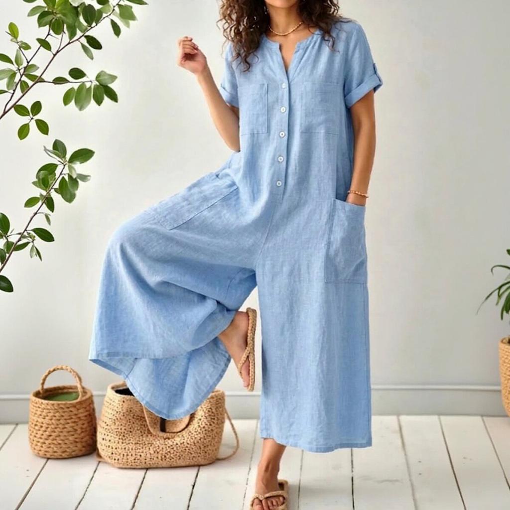 Tuta corta alla moda e casual da donna con bottoni, maniche corte e tasche