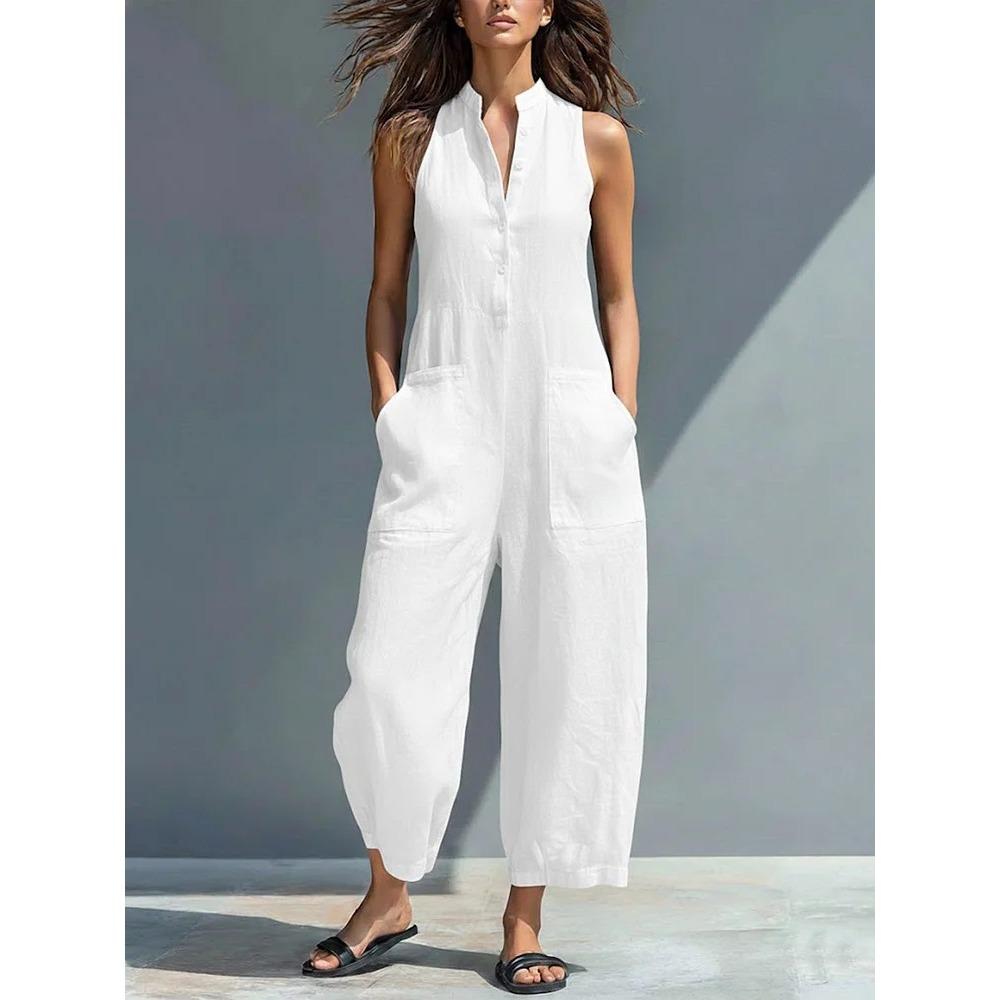 Women s Stand Collar Sleeveless Half Button Pocket Solid Linen Blend Wide Leg Ankle Jumpsuit Casual Daily Vacation Outfit S белый