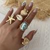 5Pcs Starfish Shell Ring Set For Women Irregular Baroque Imitation Pearl Metal Flower Stacking Finger Ring Beach Party Jewelry