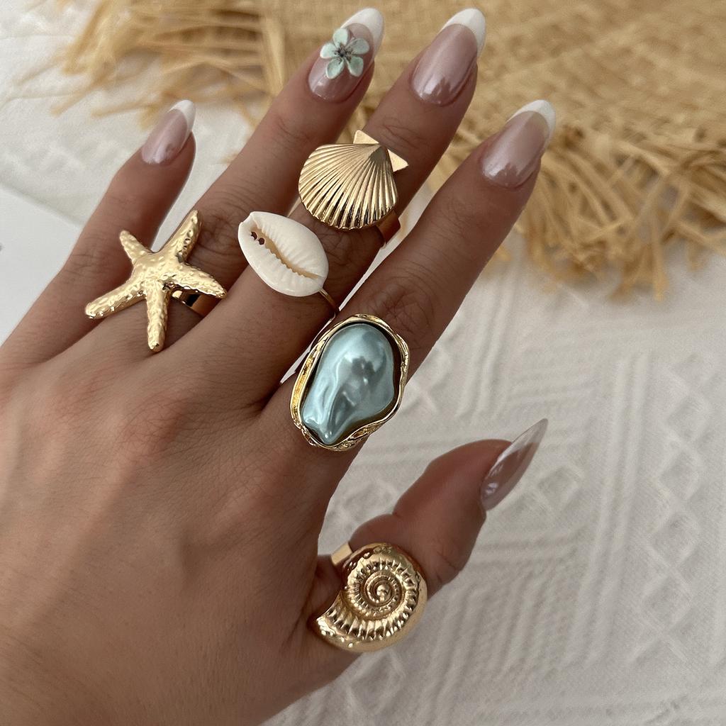 5Pcs Starfish Shell Ring Set For Women Irregular Baroque Imitation Pearl Metal Flower Stacking Finger Ring Beach Party Jewelry
