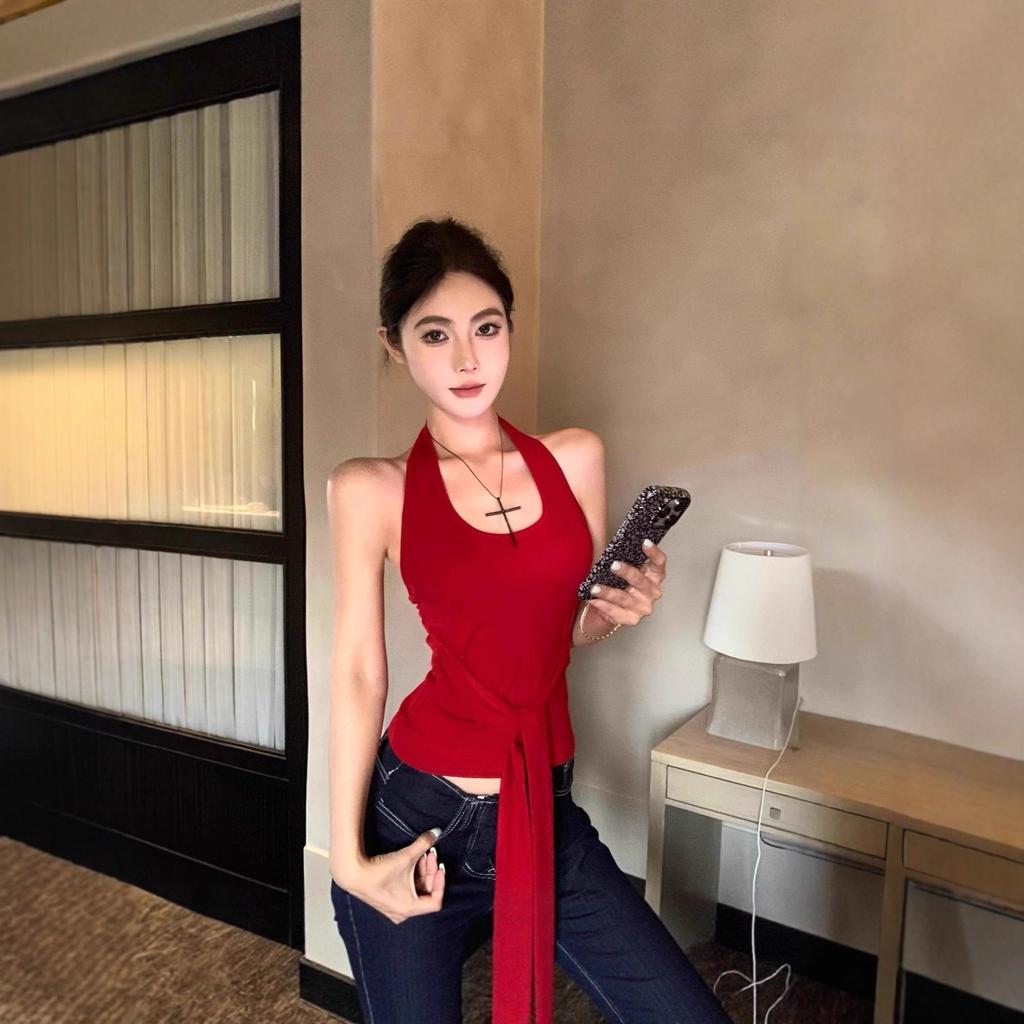 American Sexy Spice Girl Neck Sling Vest Women's Summer New Waist Design Halter Strap Sleeveless Top
