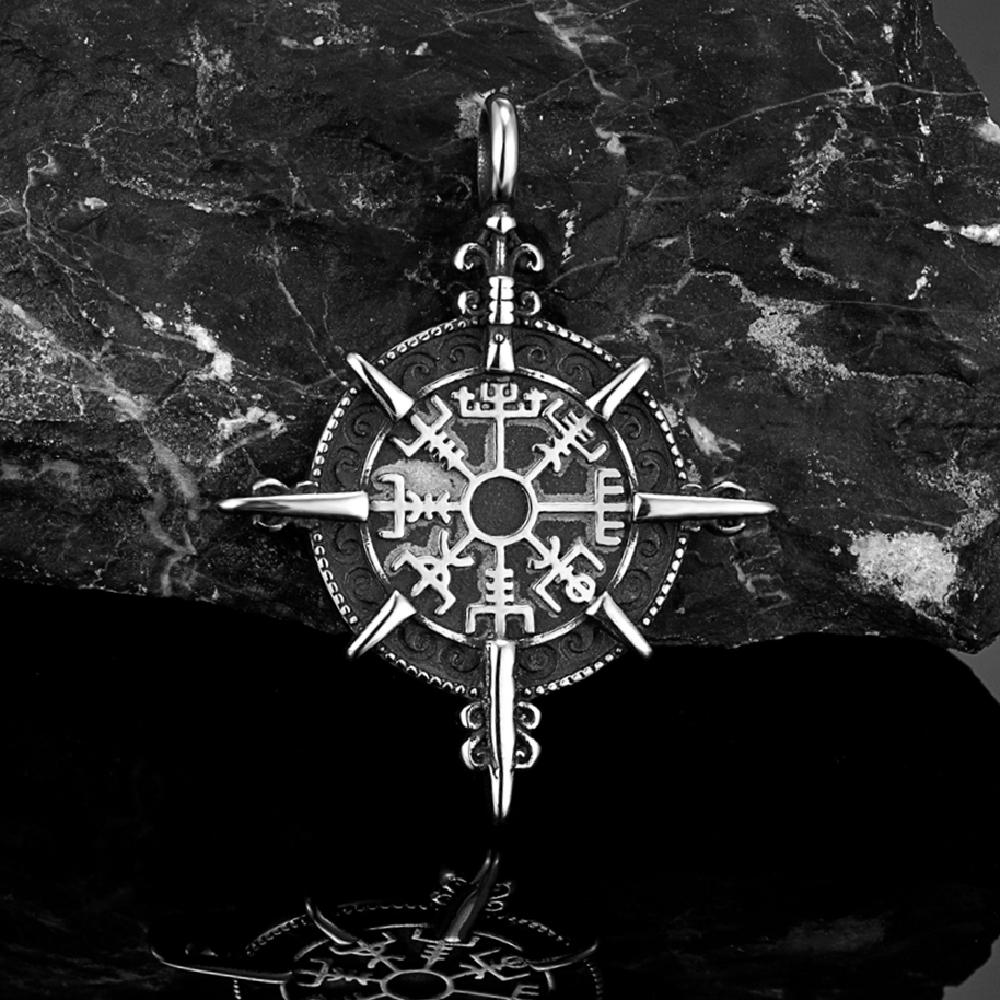 Retro Gold Vikings Compass Necklace Men Stainless Steel Norse Rune Amulet Pendant Vegvisir Jewelry