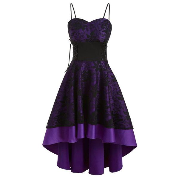 Damen Vintage Hochwertiges Trägerkleid Bandage Schnürung High Low Kleid Partykleid fashionpoint