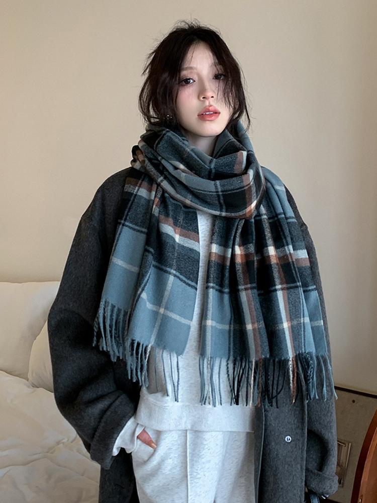 Damen Winter Vintage Gestrickter Schal Kopftuch Damen Herren Lässig Preppy Kariert Quaste Warmer Schal Mujer Mann Schal Wickeltuch Neue