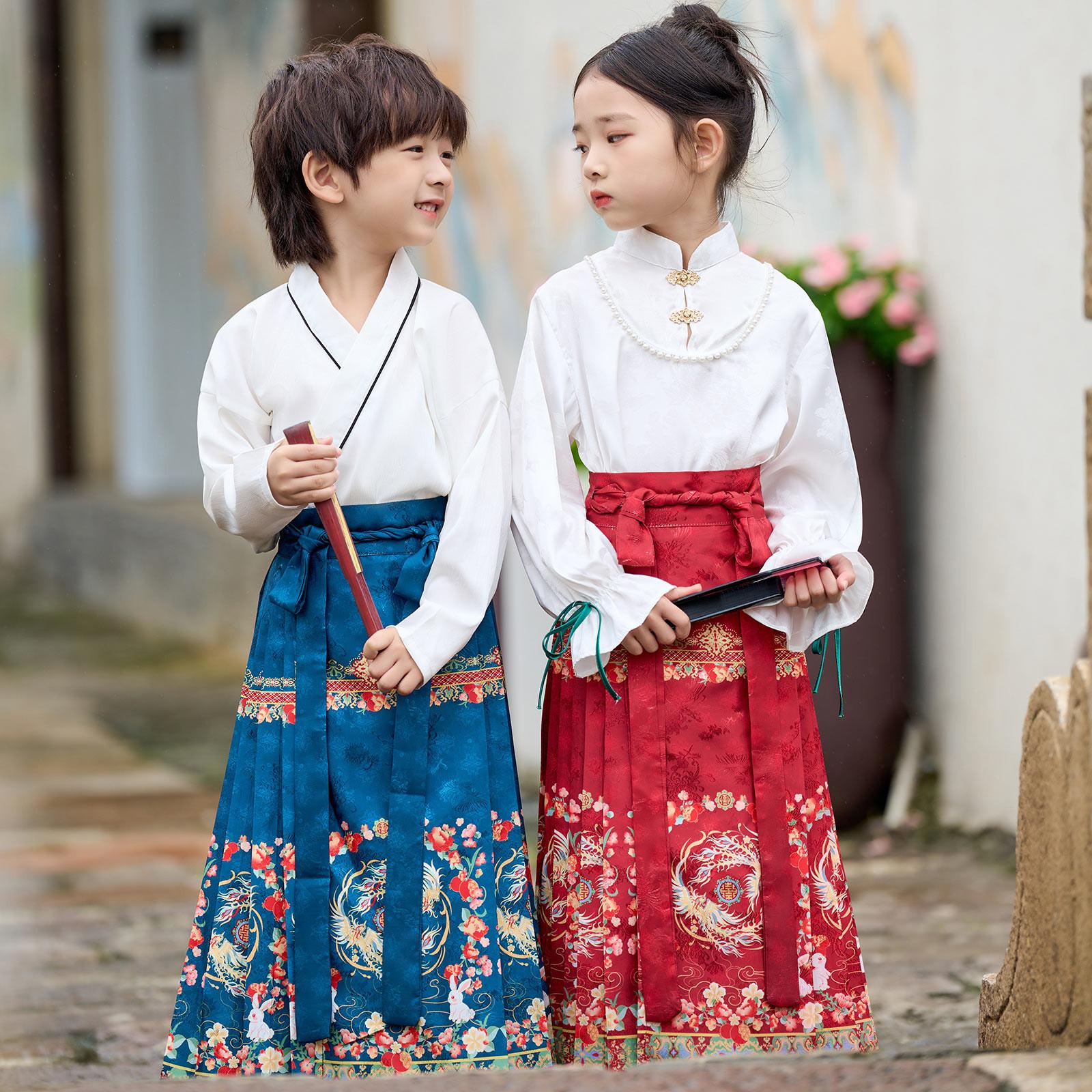

Юбка с изображением лошадиного лица Hanfu для мальчиков, древний костюм, костюм Тан, комплект верхней полуюбки