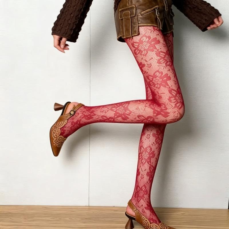 Women Fashion Wine Floral Hollow Out Fishnet Tights Lolita Bottomed Pantyhose 1 Piece Elastic Mesh Lace Stockings Slim Leggings