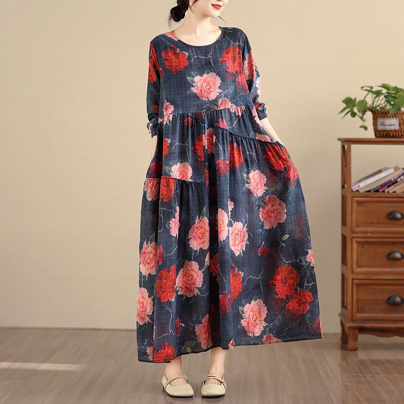 

DIMANAF Новий 2025 Жіноча Великий Розмір Весняна Довга Сукня Вільна Базова Вінтажна Оверсайз Довгий Рукав Максі Квіткова One size