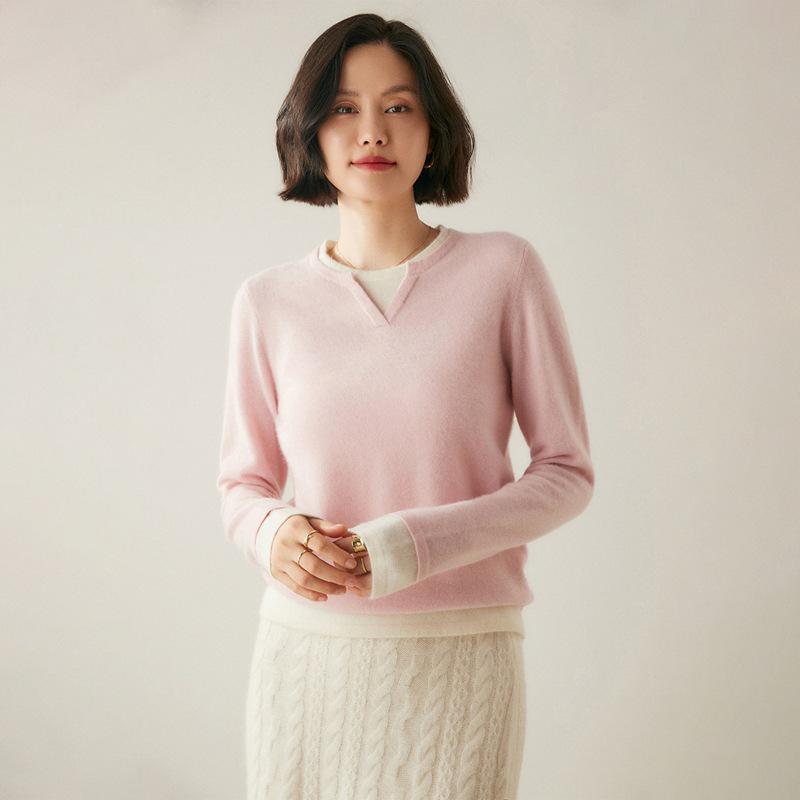 Korean Style Color Block Women's Cashmere Knit Patchwork Top - Fake Two-Piece, Round Neck, Long Sleeve