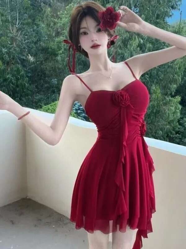Sexy Flower Ribbon Ruffle Suspender Dress Female Sexy Waist Cinched Nightgown Chubby Girl Dress Elegant Sweet Sexy Women Top S1J