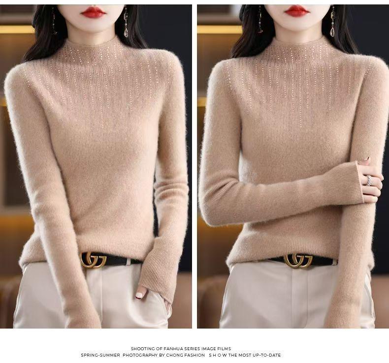 2025 Autumn/Winter Women's Rhinestone Cashmere Sweater - Semi-High Neck & Slimming Fit