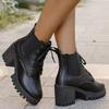 Fashion Sexy Lace Up High Heel Ankle Boots Women Autumn Fashion Solid Black Pu Round Toe Chelsea Boots Chunky Platform Non Slip Shoes