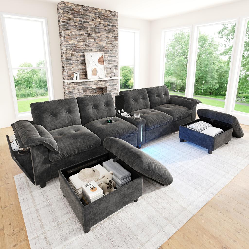 Modular 6-Seater Corner Sofa in U-/L-Shape with Two Movable Storage Stools, Center Console, Cup Holders, USB/Type-C and LED; Chenille Fabric, Grey
