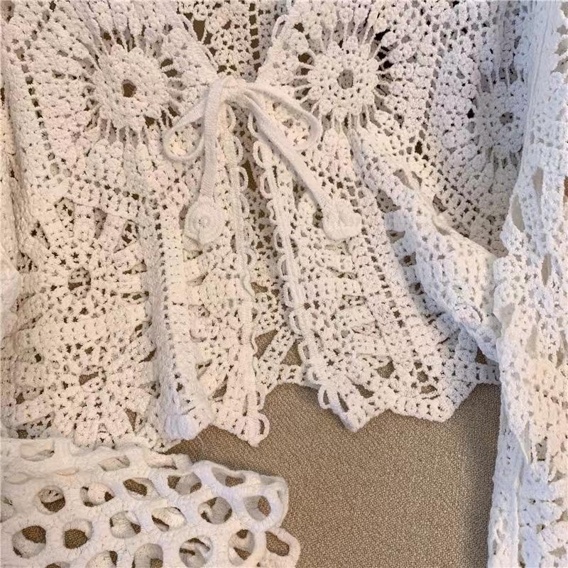 Cárdigan Chal de Ganchillo Bohemio con Cordones - Estilo Verano Resort para Mujer, Top de Manga Larga
